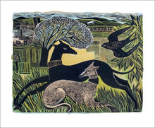 Load image into Gallery viewer, Two Yorkshire Whippets by Angela Harding Blank Greeting Card with Envelope