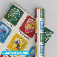 Load image into Gallery viewer, Harry Potter Hogwarts Houses 2 Sheets &amp; 2 Tags Wrapping Paper The Book Nook
