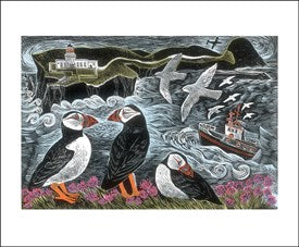Fair Isle Puffins at the North Lighthouse By Angela Harding Blank Card With Envelope