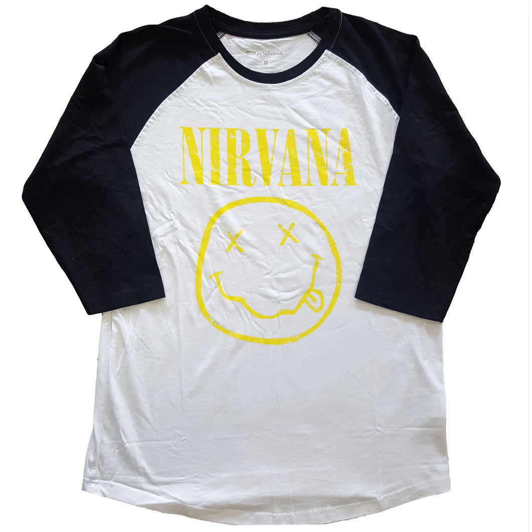 Nirvana Raglan T-Shirt Unisex Blue/White 'Yellow Happy Face' by Rock Off